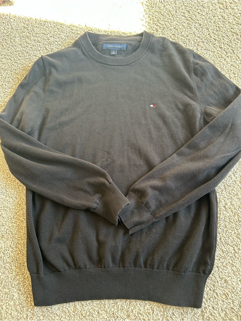 Tommy Hilfiger Men’s Black Crewneck Sweater with Flag Detail